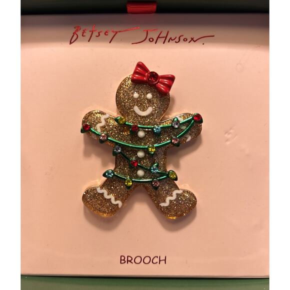 NIB Betsey Johnson Set Winking Reindeer & Gingerbread Girl Brooch Pin Gift Box - Picture 3 of 13